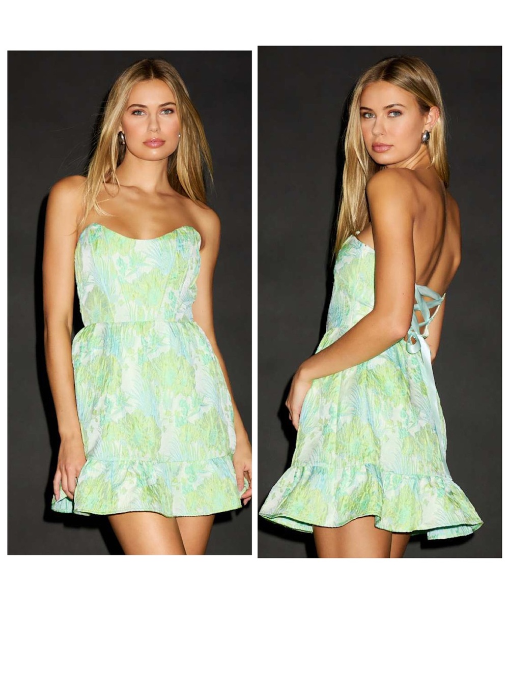Lulus Atlia Lime Green Jacquard Bustier Mini Dress Size XL Strapless Lace Up